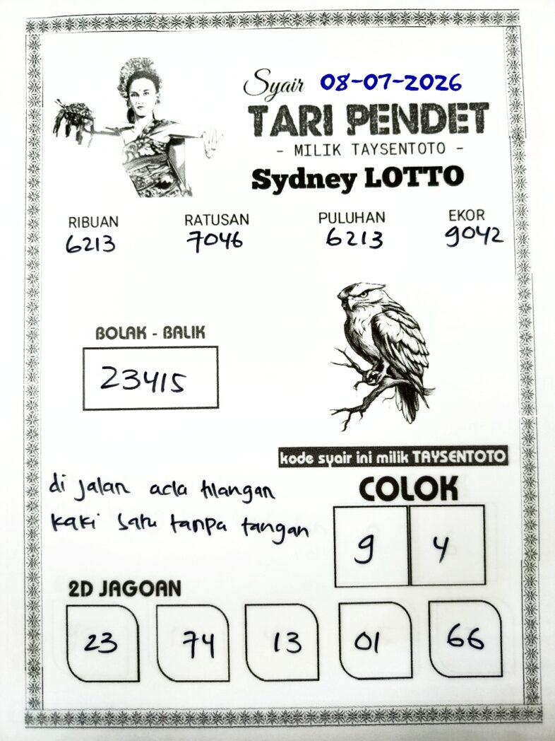 Syair Tari Pendet Sydney Hari ini Rabu, 08 Juli 2026