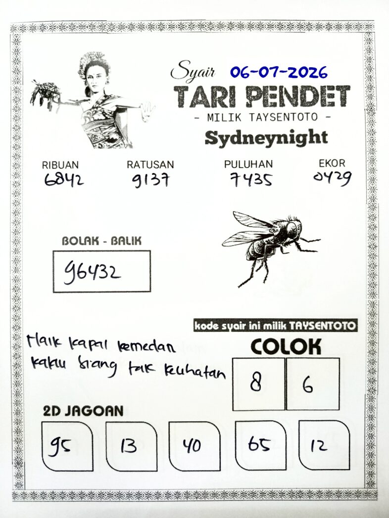Syair Tari Pendet SydneyNight Hari ini Senin, 06 Juli 2026