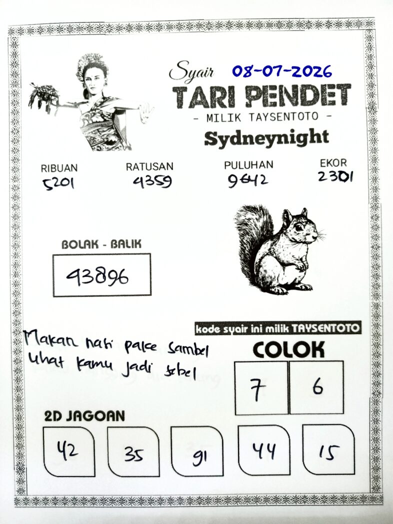 Syair Tari Pendet SydneyNight Hari ini Rabu, 08 Juli 2026