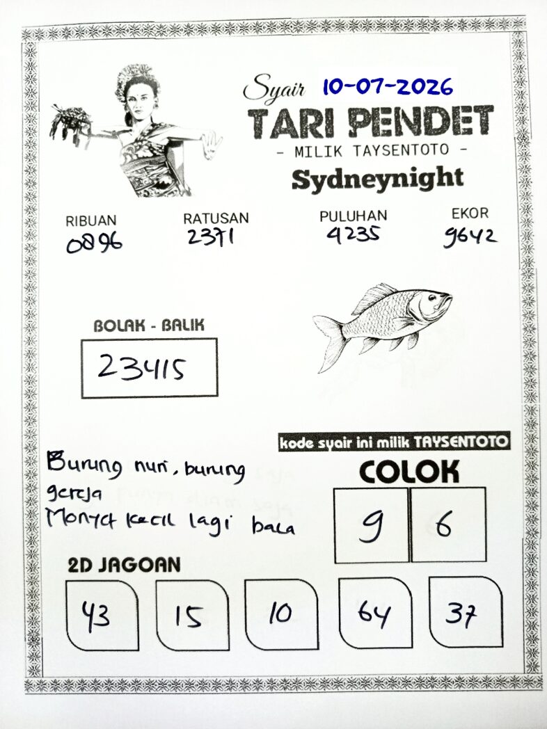 Syair Tari Pendet SydneyNight Hari ini Jumat, 10 Juli 2026