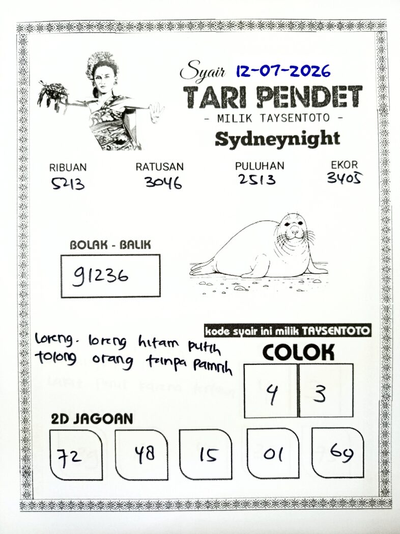 Syair Tari Pendet SydneyNight Hari ini Minggu, 12 Juli 2026