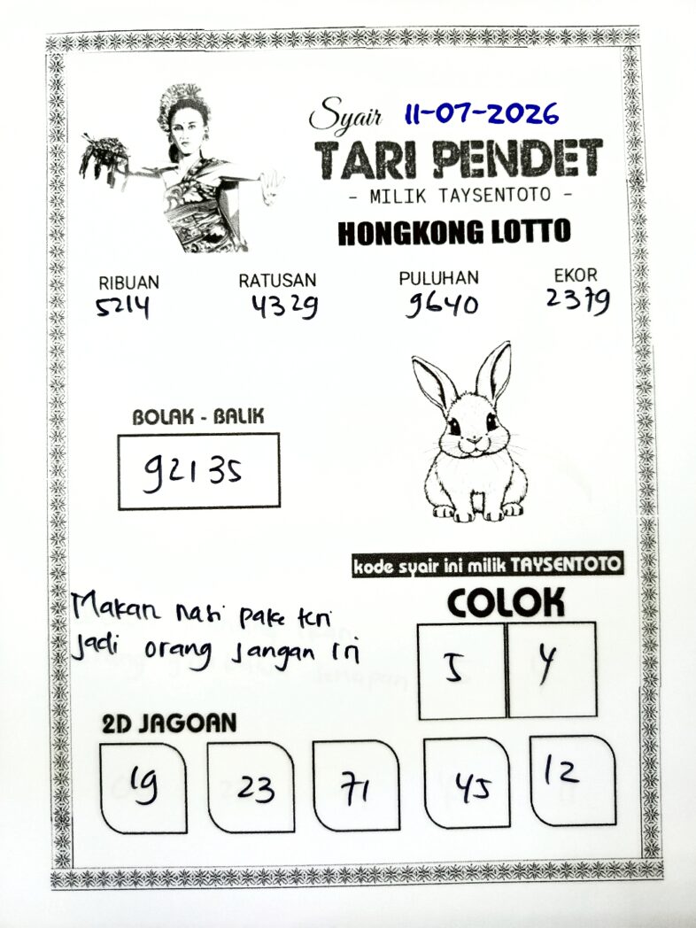 Syair Tari Pendet HK Hari Sabtu, 11 Juli 2026