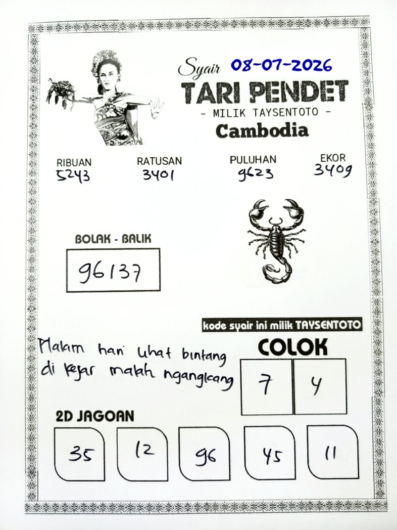 Syair Tari Pendet Cambodia Hari Ini Rabu, 08 Juli 2026