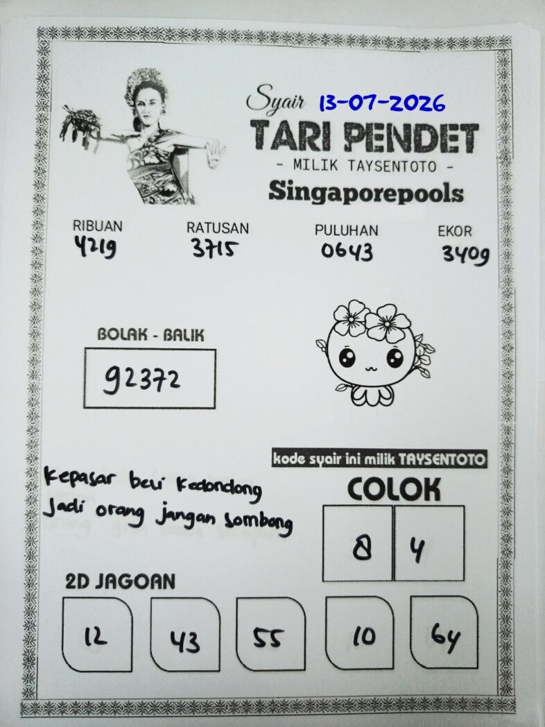 Syair Tari Pendet SGP Hari ini Senin, 13 Juli 2026