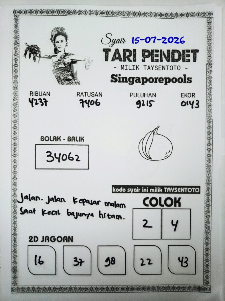 Syair Tari Pendet SGP Hari ini Rabu, 15 Juli 2026