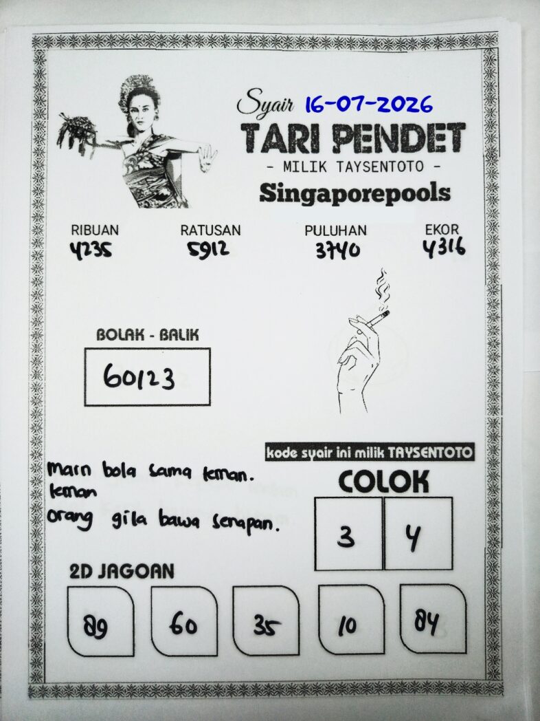 Syair Tari Pendet SGP Hari ini Kamis, 16 Juli 2026