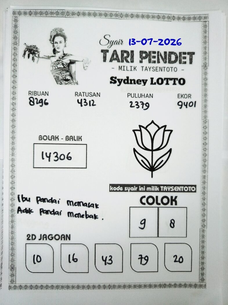 Syair Tari Pendet Sydney Hari ini Senin, 13 Juli 2026