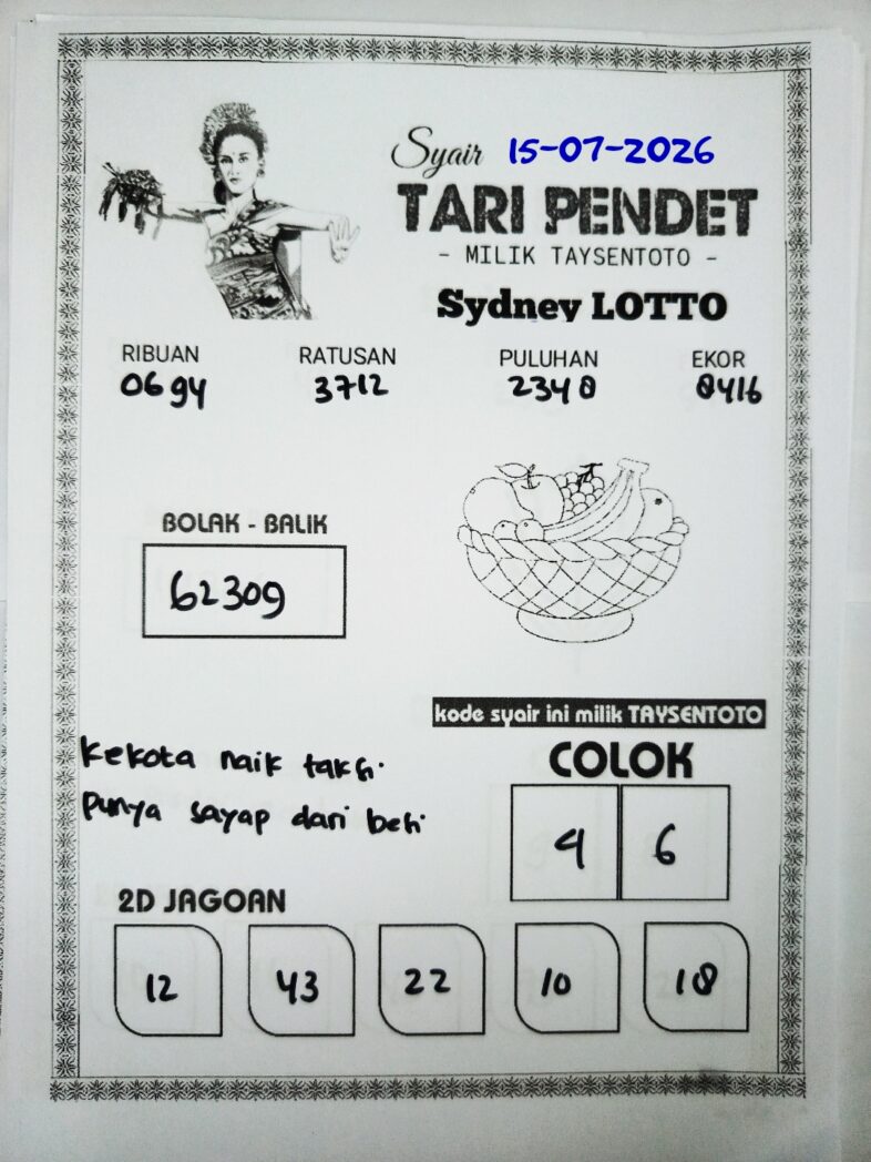Syair Tari Pendet Sydney Hari ini Rabu, 15 Juli 2026