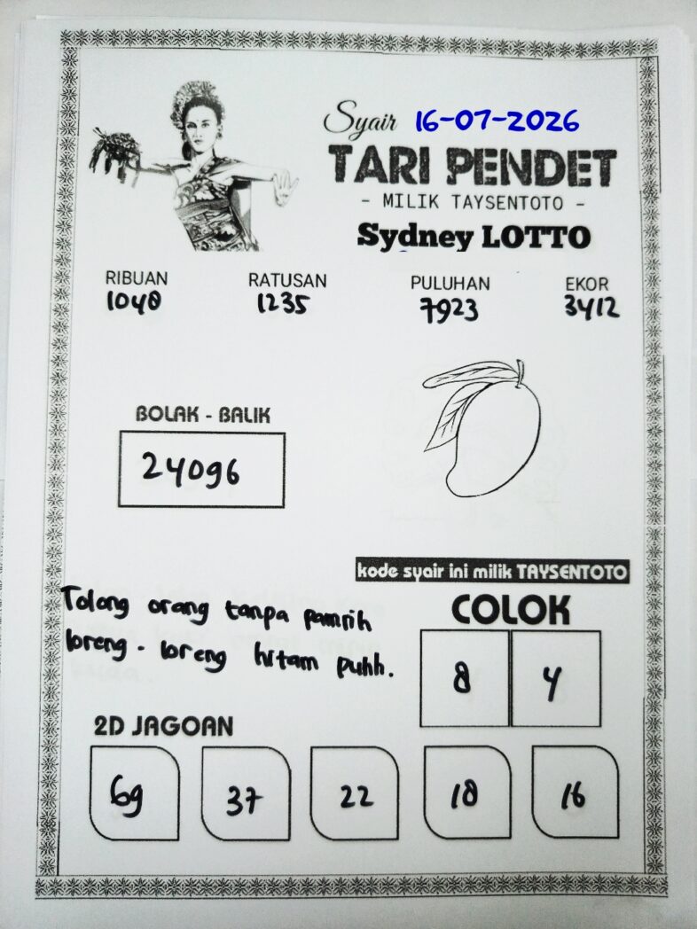 Syair Tari Pendet Sydney Hari ini Kamis, 16 Juli 2026