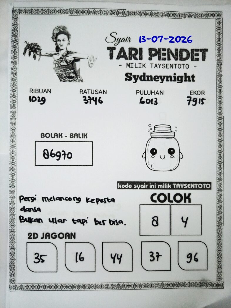 Syair Tari Pendet SydneyNight Hari ini Senin, 13 Juli 2026