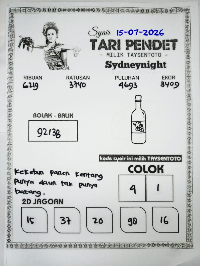 Syair Tari Pendet SydneyNight Hari ini Rabu, 15 Juli 2026