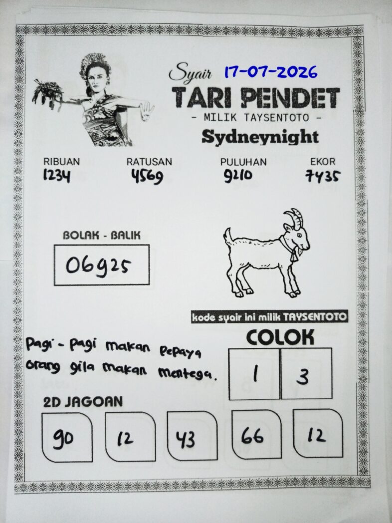 Syair Tari Pendet SydneyNight Hari ini Jumat, 17 Juli 2026