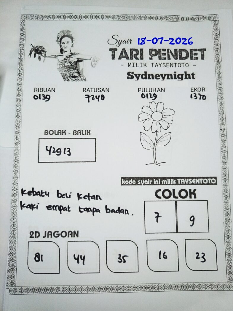 Syair Tari Pendet SydneyNight Hari ini Sabtu, 18 Juli 2026