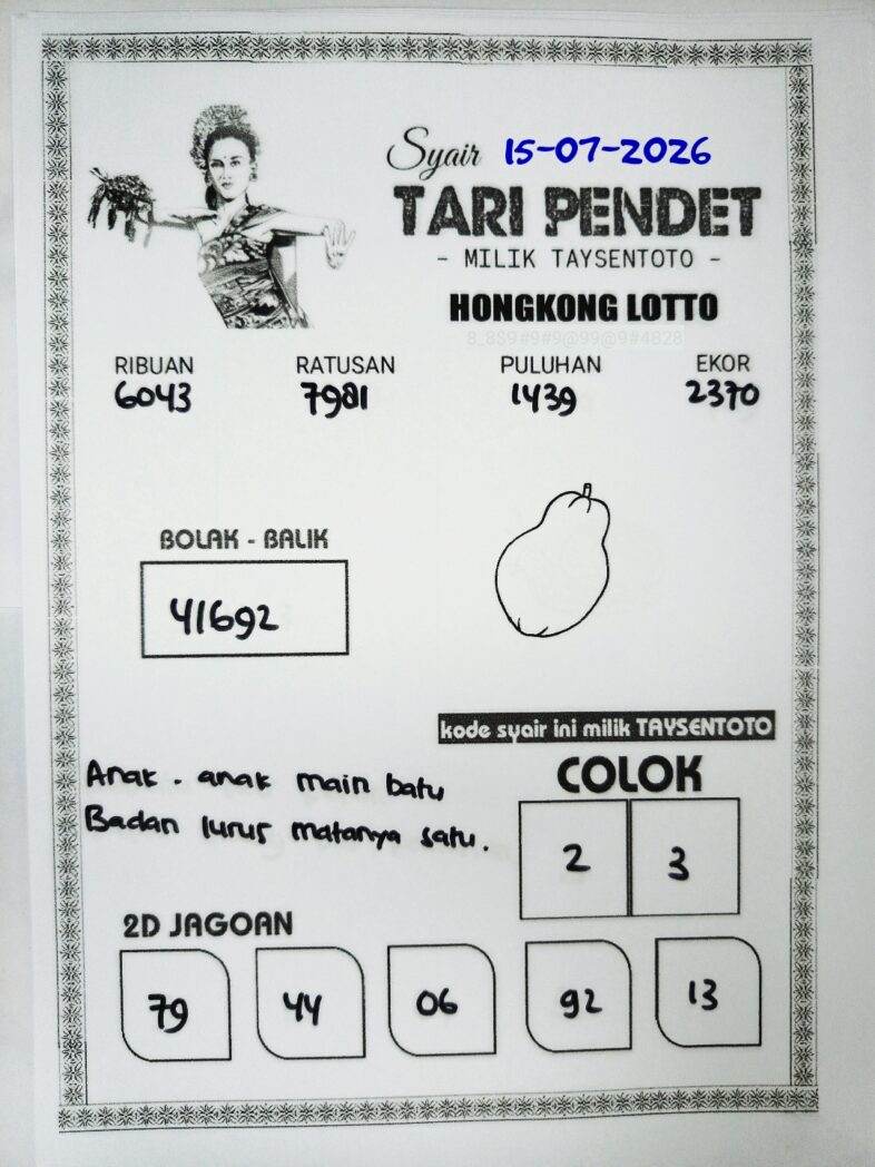 Syair Tari Pendet HK Hari Rabu, 15 Juli 2026