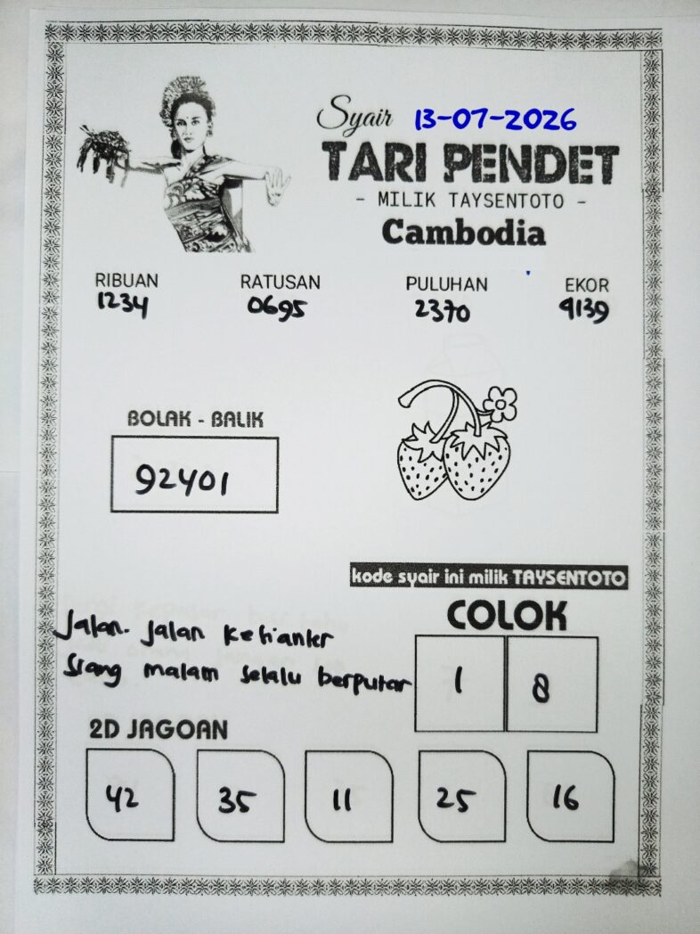 Syair Tari Pendet Cambodia Hari Ini Senin, 13 Juli 2026