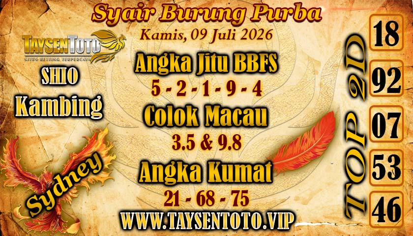Syair Burung Purba Sydney Hari ini Kamis, 09 Juli 2026