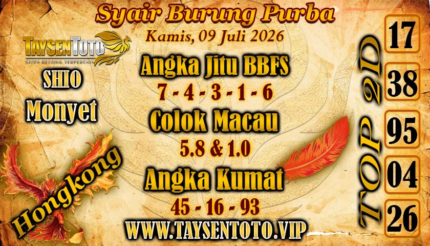 Syair Burung Purba Hongkong Hari Kamis, 09 juli 2026