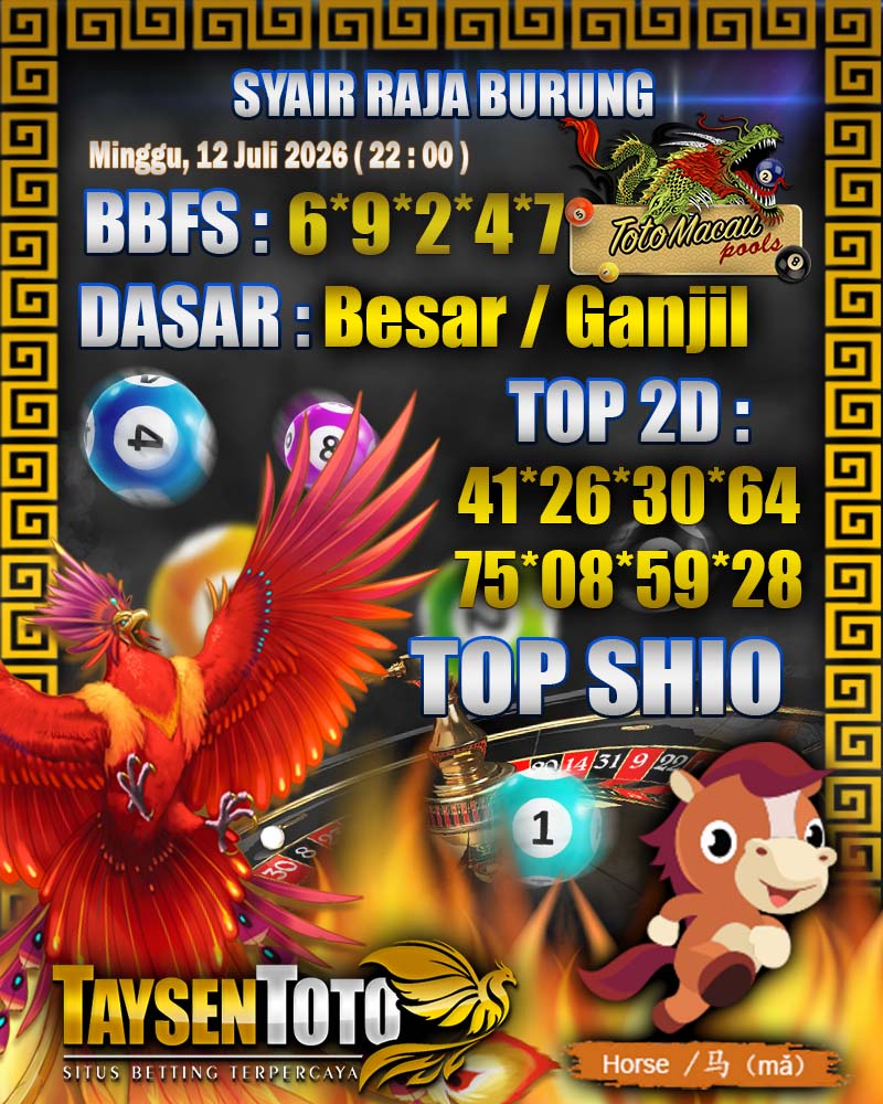 Syair Raja Burung Toto Macau Hari Minggu, 12 Juli 2026| 22 : 00 WIB