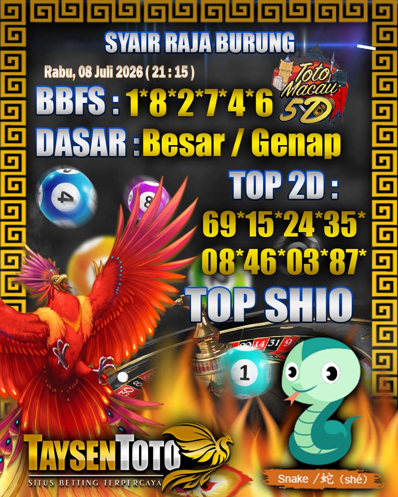 Syair Raja Burung Toto Macau 5D Hari Ini Rabu, 08 Juli 2026| 21 : 15 WIB