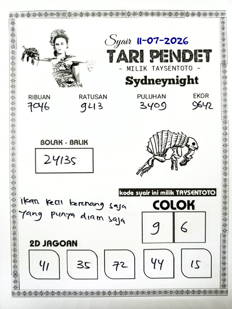 Syair Tari Pendet SydneyNight Hari ini Sabtu, 11 Juli 2026