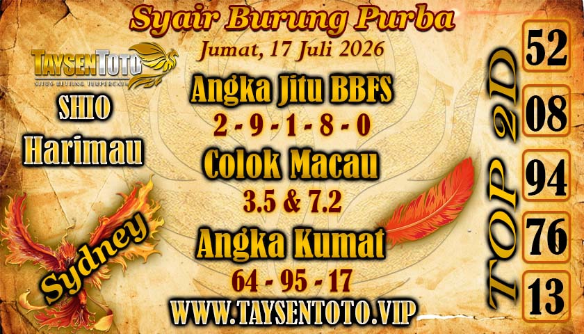 Syair Burung Purba Sydney Hari ini Jumat, 17 Juli 2026