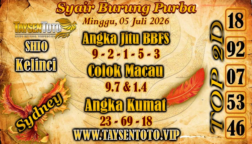Syair Burung Purba Sydney Hari ini Minggu, 05 Juli 2026