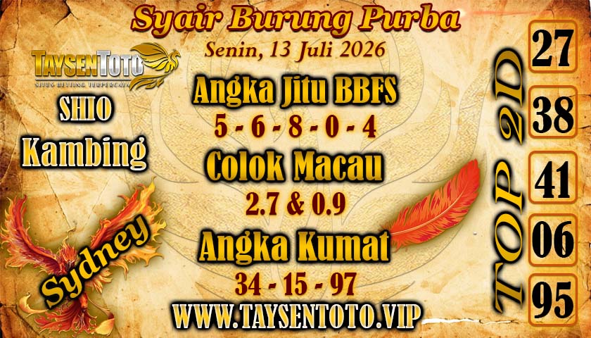 Syair Burung Purba Sydney Hari ini Senin, 13 Juli 2026