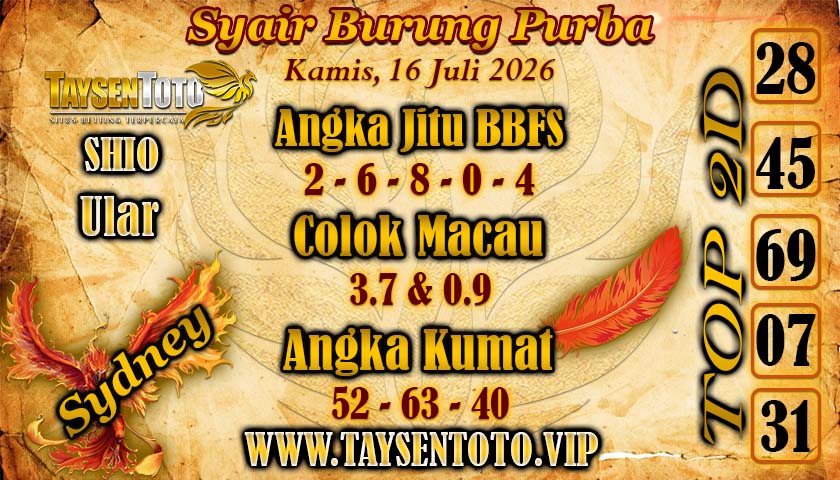 Syair Burung Purba Sydney Hari ini Kamis, 16 Juli 2026