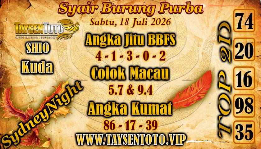 Syair lipan sakti SydneyNight Hari ini Sabtu,18 Juli 2026