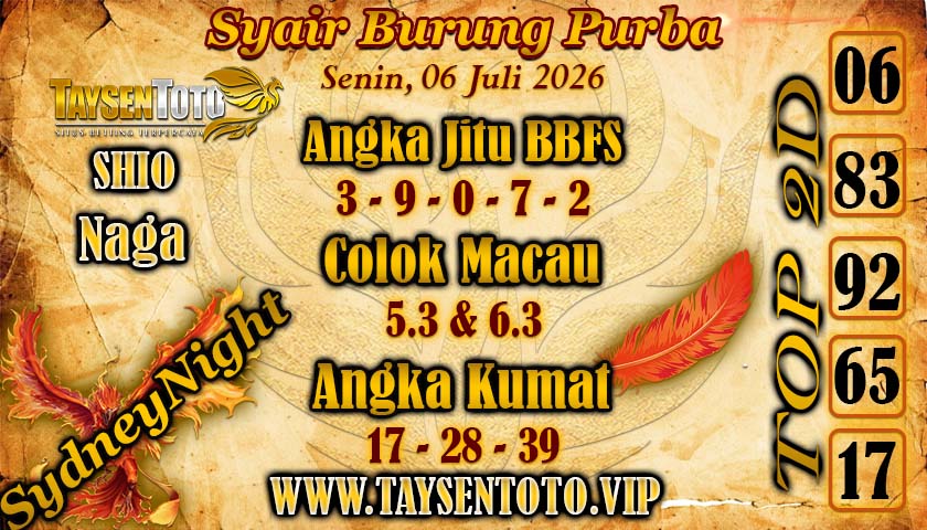 Syair Burung Purba SydneyNight Hari ini Senin, 06 Juli 2026