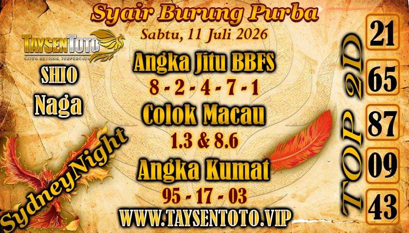 Syair Burung Purba SydneyNight Hari ini Sabtu, 11 Juli 2026