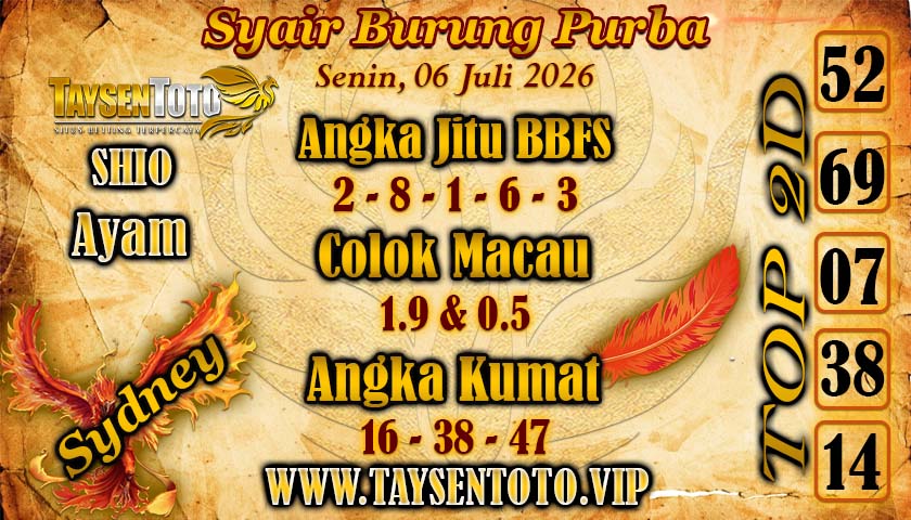 Syair Burung Purba Sydney Hari ini Senin, 06 Juli 2026