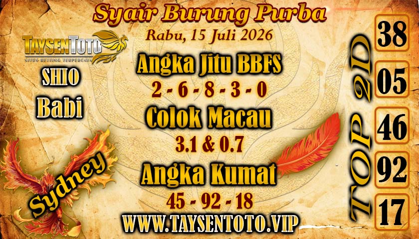 Syair Burung Purba Sydney Hari ini Rabu, 15 Juli 2026