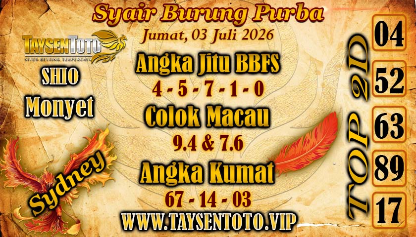 Syair Burung Purba Sydney Hari ini Jumat, 03 Juli 2026
