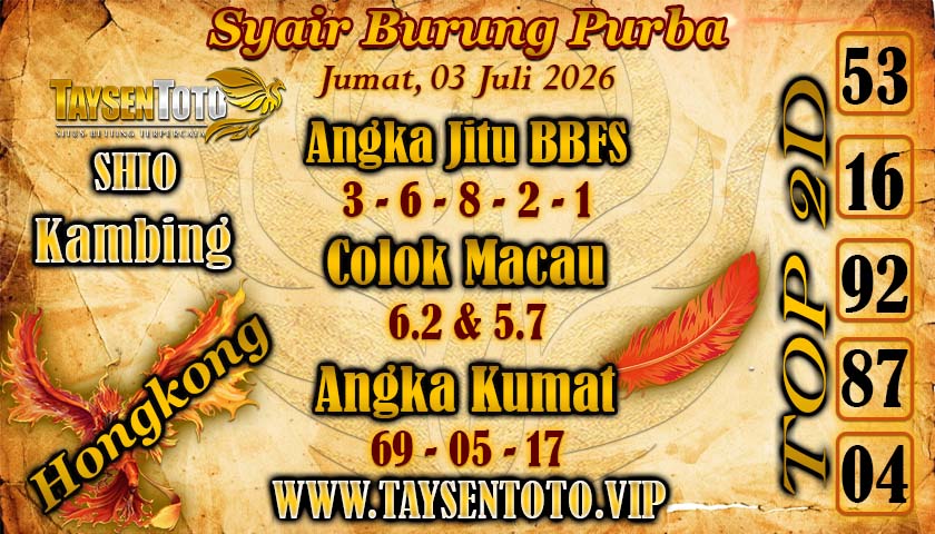 Syair Burung Purba Hongkong Hari Jumat, 03 juli 2026