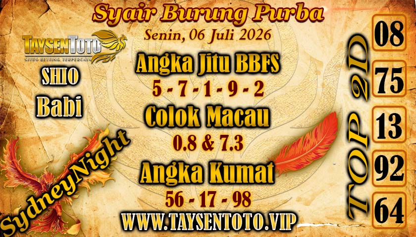 Syair Burung Purba SydneyNight Hari ini Selasa, 07 Juli 2026