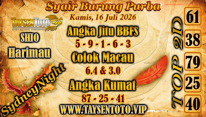 Syair lipan sakti SydneyNight Hari ini Kamis,16 Juli 2026