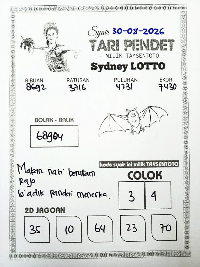 Syair Tari Pendet Sydney Hari ini Minggu, 30 Agustus 2026