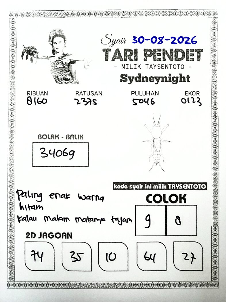 Syair Tari Pendet SydneyNight Hari ini Minggu, 30 Agustus 2026