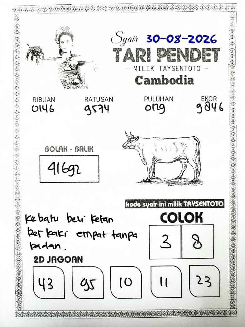 Syair Tari Pendet Cambodia Hari Ini Minggu, 30 Agustus 2026