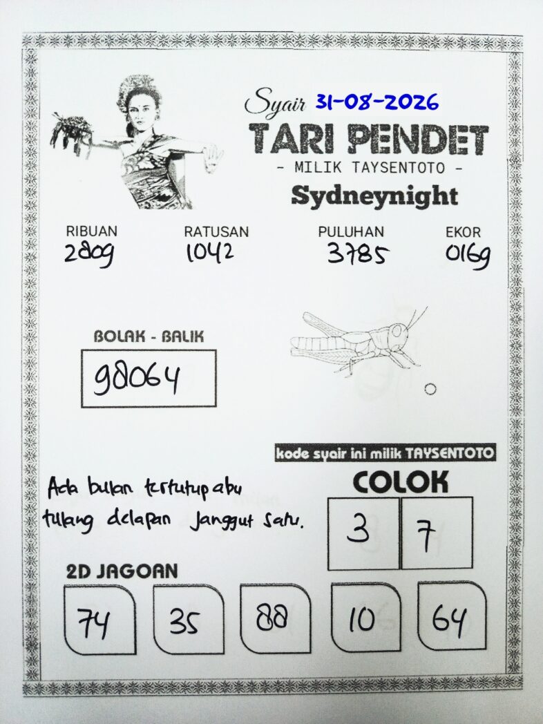 Syair Tari Pendet SydneyNight Hari ini Senin, 31 Agustus 2026