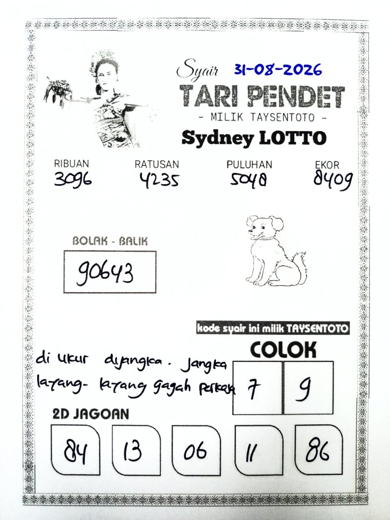 Syair Tari Pendet Sydney Hari ini Senin, 31 Agustus 2026
