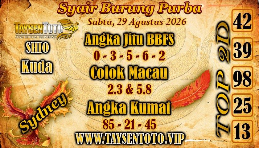 Syair Burung Purba Sydney Hari ini Sabtu, 29 Agustus 2026