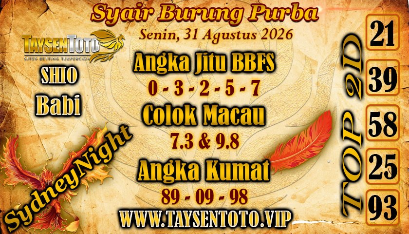 Syair Burung Purba SydneyNight Hari ini Senin, 31 Agustus 2026