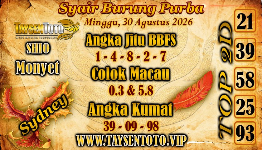 Syair Burung Purba Sydney Hari ini Minggu, 30 Agustus 2026