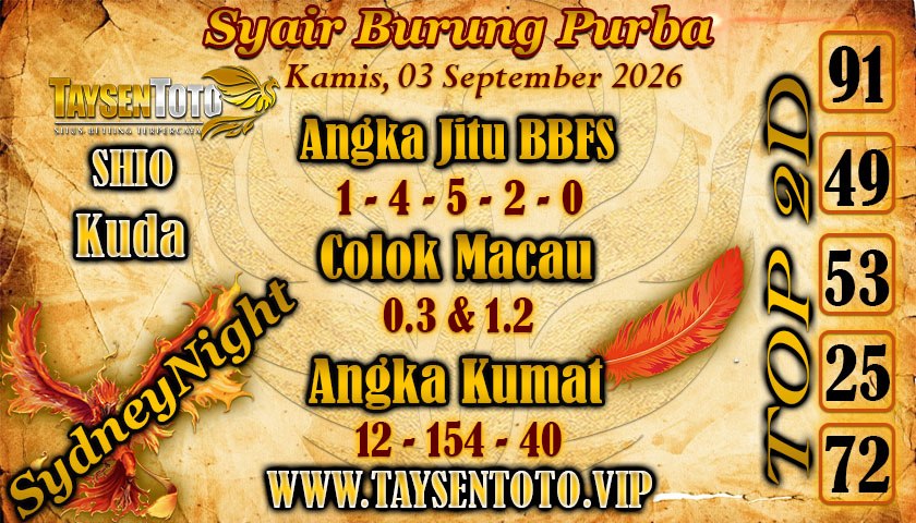 Syair Burung Purba SydneyNight Hari ini Kamis, 03 September 2026